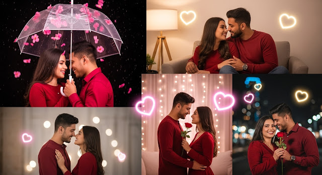 A collage of romantic couples posing in different settings — one laughing under a pink-flower umbrella, one cozy on a couch, another holding a rose, and one embracing outdoors at night. All wearing red outfits with soft lighting, hearts, and a dreamy cinematic background.