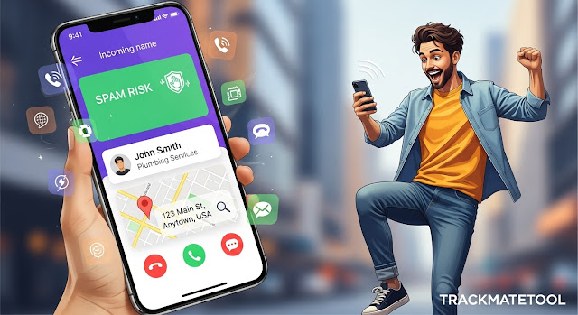 User checking phone caller ID benefits such as spam detection with TRACKMATETOOL branding.