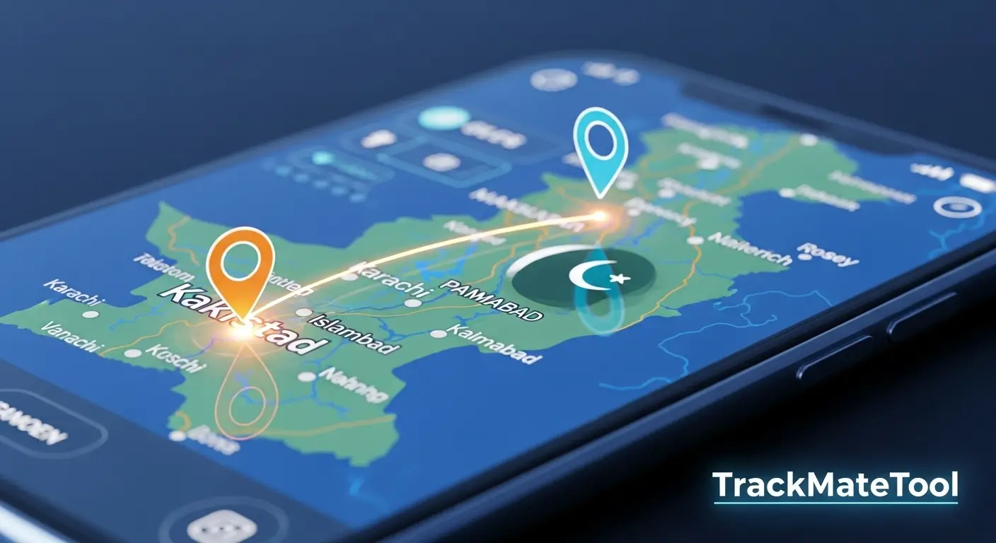 4K featured image showing smartphone live location map of Pakistan with GPS pin and TrackMateTool branding – Karachi, Lahore, Islamabad visible – tech blog cover