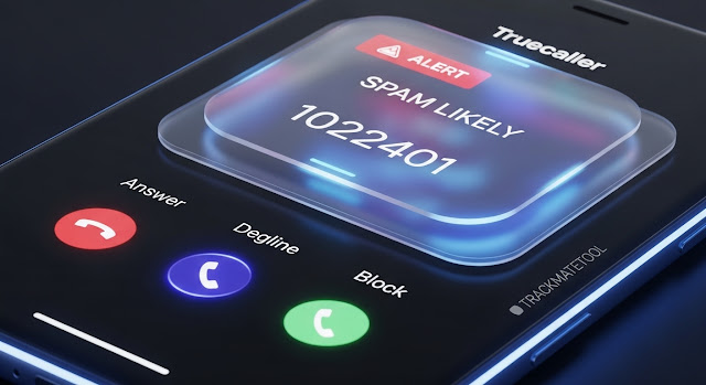 Truecaller app interface as the best call number details app in 2025 with TRACKMATETOOL branding.