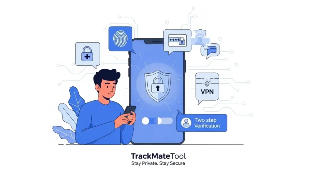 Illustration of a person securing their smartphone with privacy tools like fingerprint, VPN, and password lock, with TrackMateTool branding.