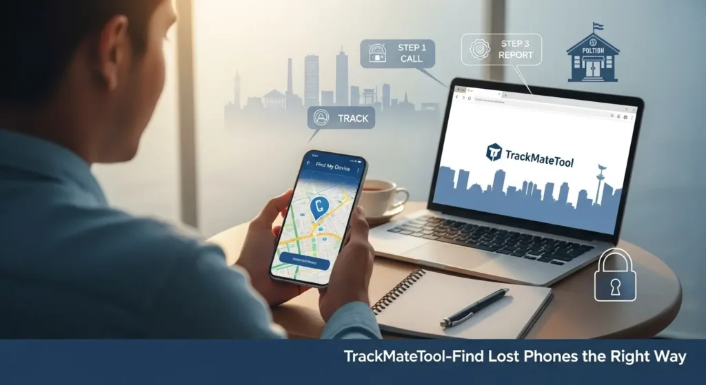 Person using smartphone showing a Find My Device map and TrackMateTool branding, illustrating legal steps to recover a lost or stolen phone.