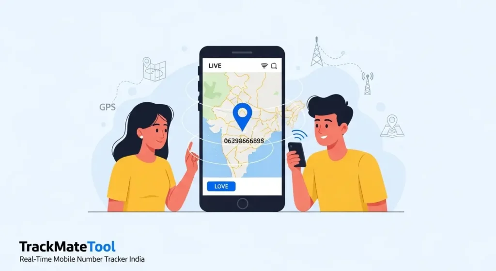 Illustration showing how mobile number tracker tools work in India, with a smartphone tracking a live location map and TrackMateTool branding.