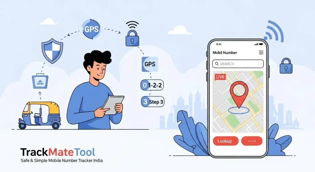 Illustration of safe mobile number tracker lookup in India showing a person using a smartphone with TrackMateTool branding.