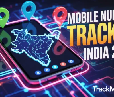 Mobile Number Tracker India – high-quality MrBeast-style thumbnail showing smartphone with glowing India map, location pins, and digital tracking effects by TrackMateTool.
