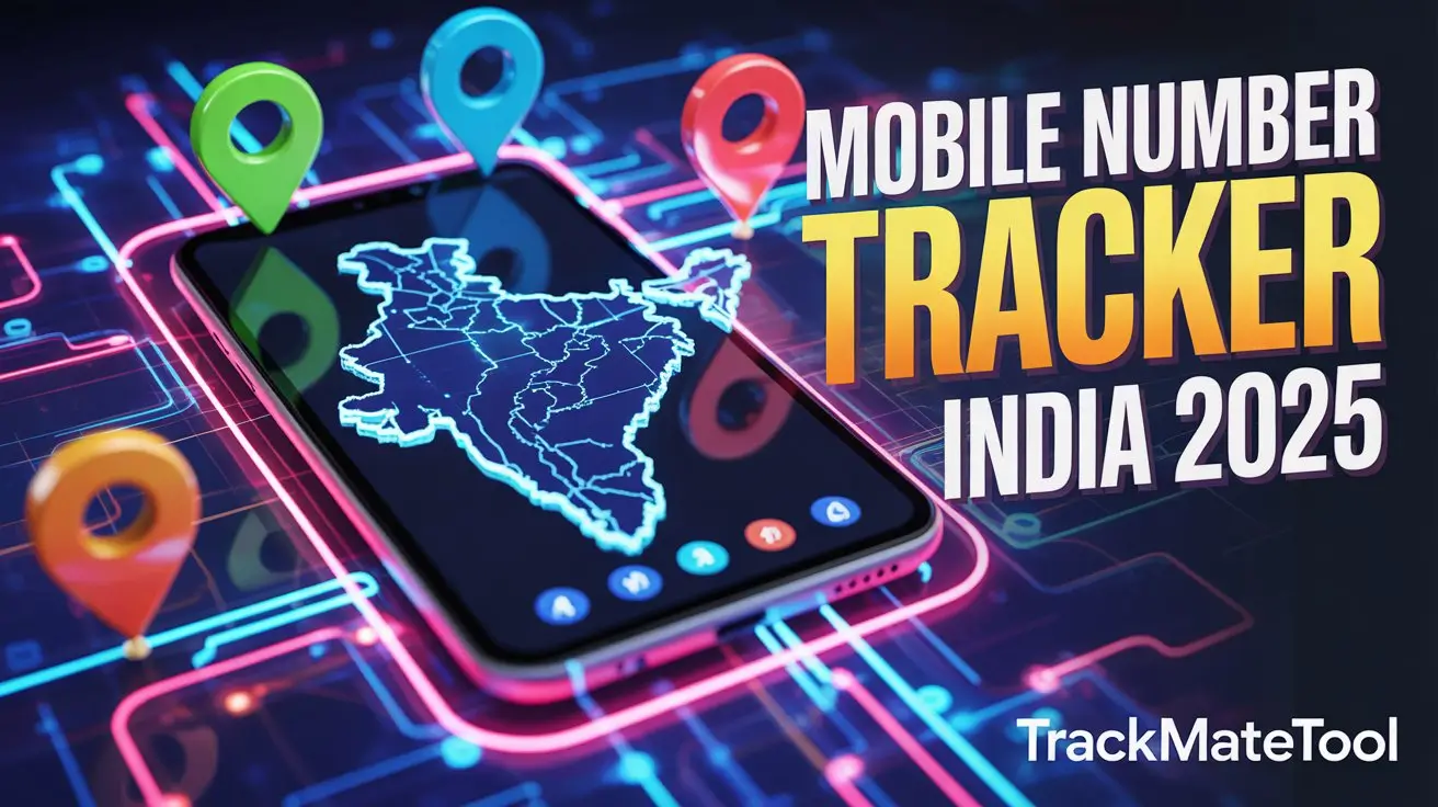 Mobile Number Tracker India – high-quality MrBeast-style thumbnail showing smartphone with glowing India map, location pins, and digital tracking effects by TrackMateTool.