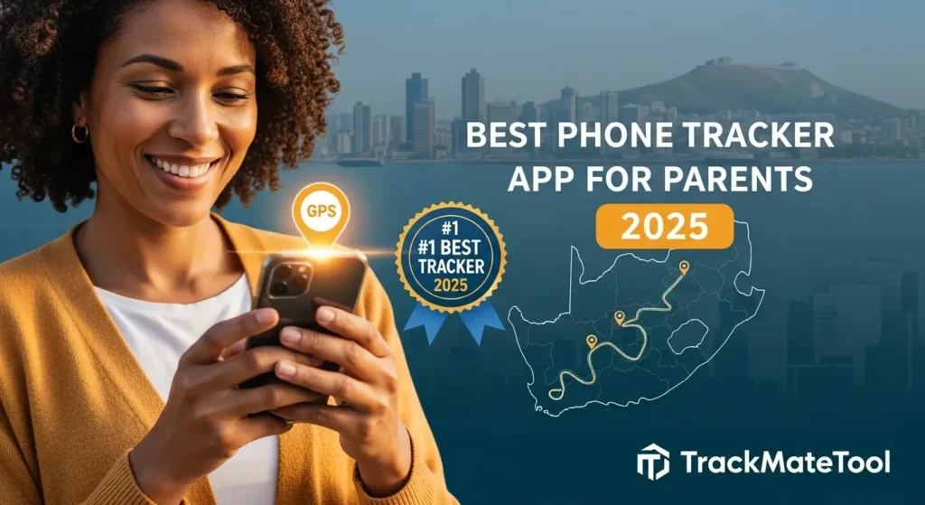 TrackMateTool visual showing the best phone tracker app for parents in South Africa 2025 with GPS map and family safety theme.