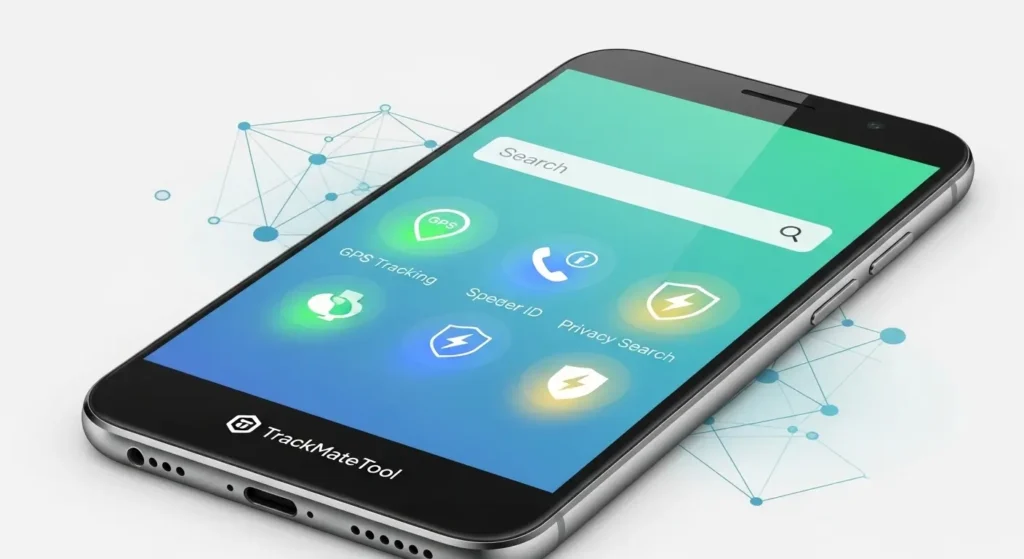 Key features to look for in an Android number tracker app – GPS, caller ID, privacy, and fast search icons illustrated