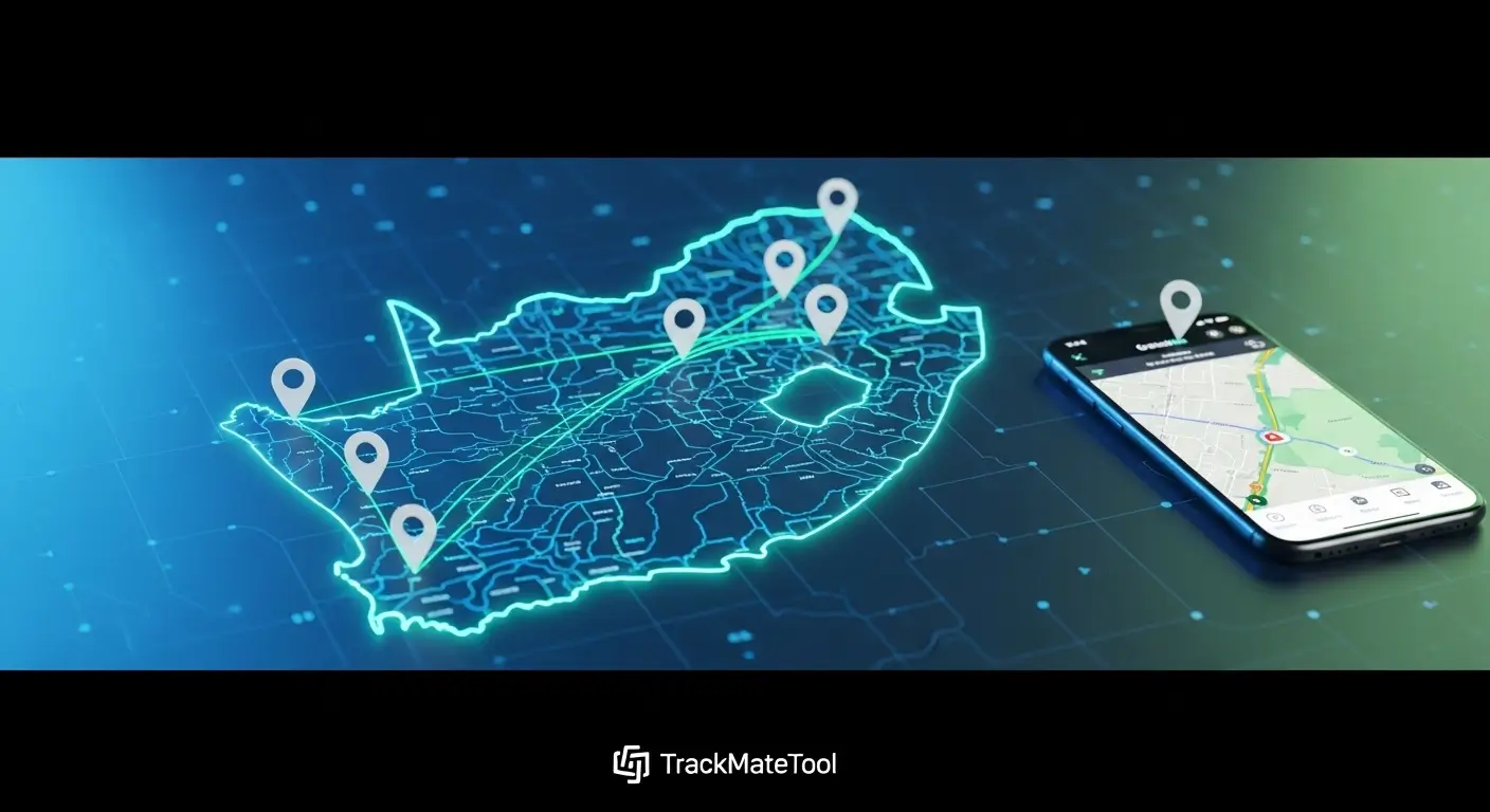 Free GPS tracking tools South Africa review showing GPS pins on digital map with smartphone displaying live location