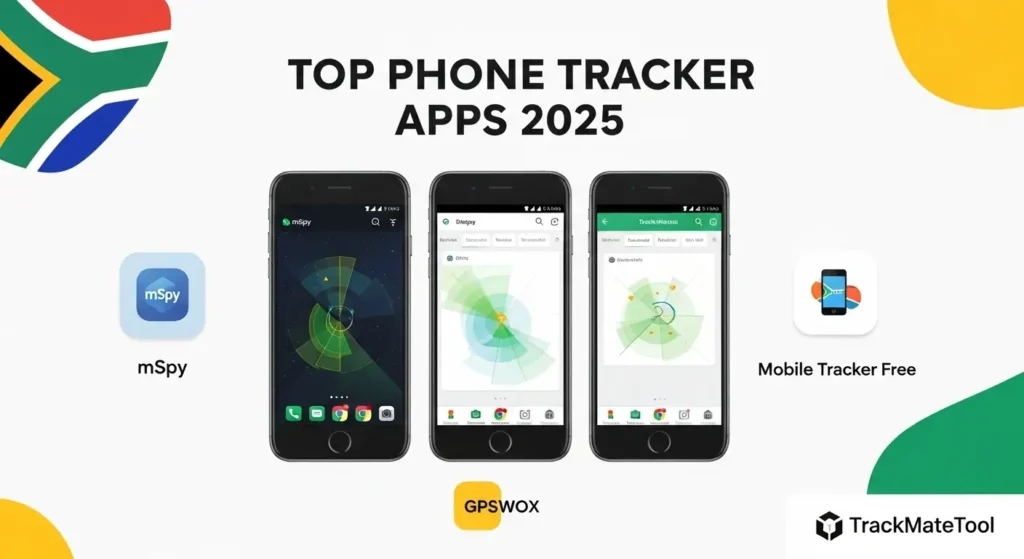 TrackMateTool comparison showing top phone tracker apps for parents in South Africa 2025 including mSpy, GPSWOX, and Mobile Tracker Free.