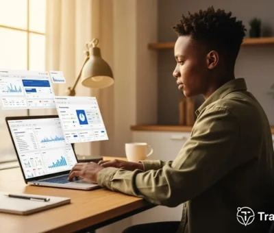 Featured image showing a South African user working with AI tools on a laptop, TrackMateTool branding — Best Free AI Tools in South Africa.