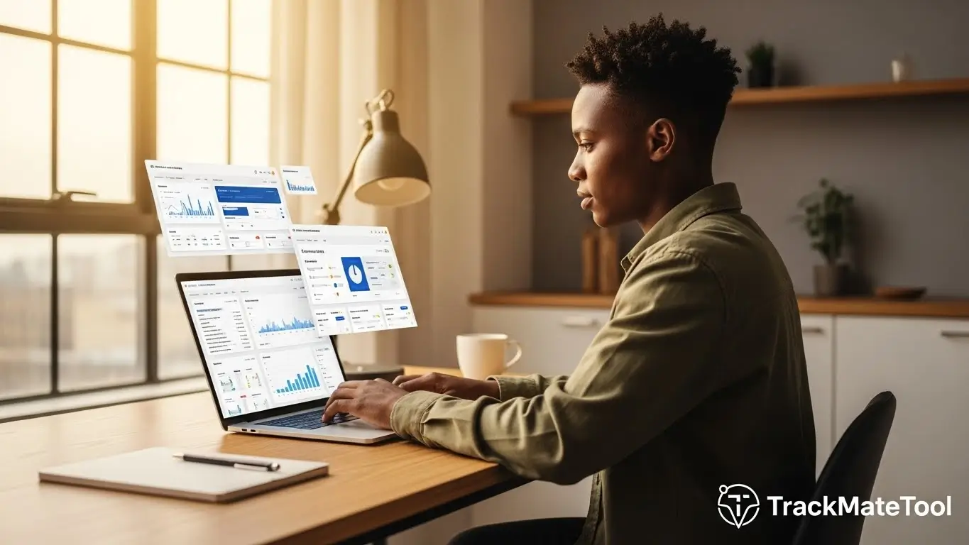 Featured image showing a South African user working with AI tools on a laptop, TrackMateTool branding — Best Free AI Tools in South Africa.