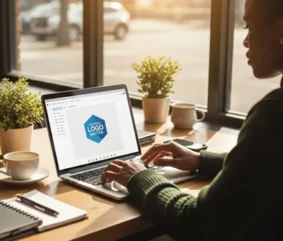 South African small business owner designing a logo using free logo maker tools on a laptop