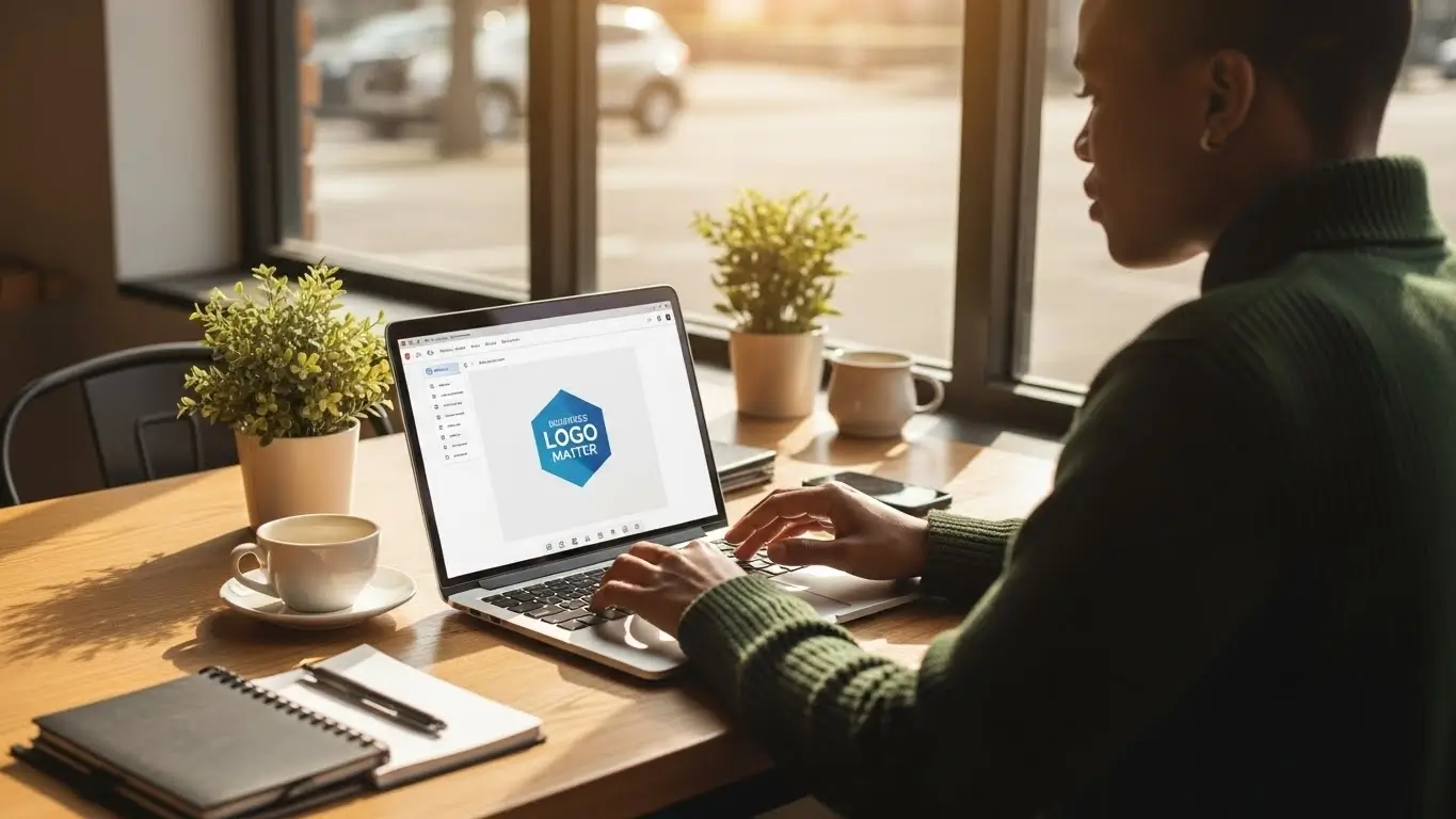 South African small business owner designing a logo using free logo maker tools on a laptop