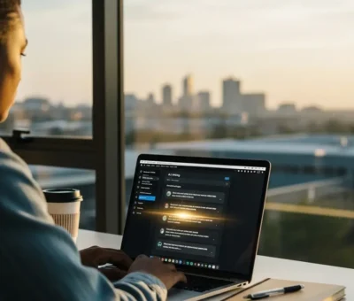 Student in South Africa using AI writing tool on laptop in modern study space