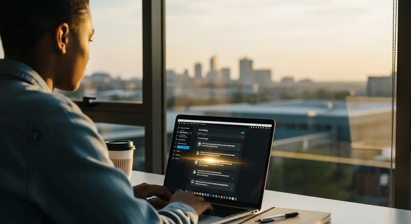 Student in South Africa using AI writing tool on laptop in modern study space