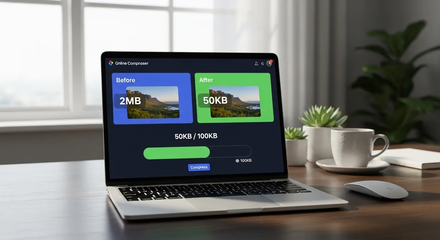 Compress image to 50KB or 100KB online using a free image compressor tool with before and after size comparison