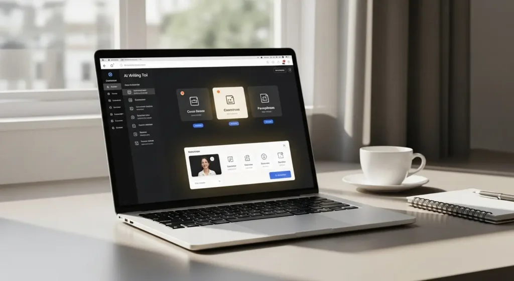 AI writing tool dashboard showing key features and benefits on laptop screen