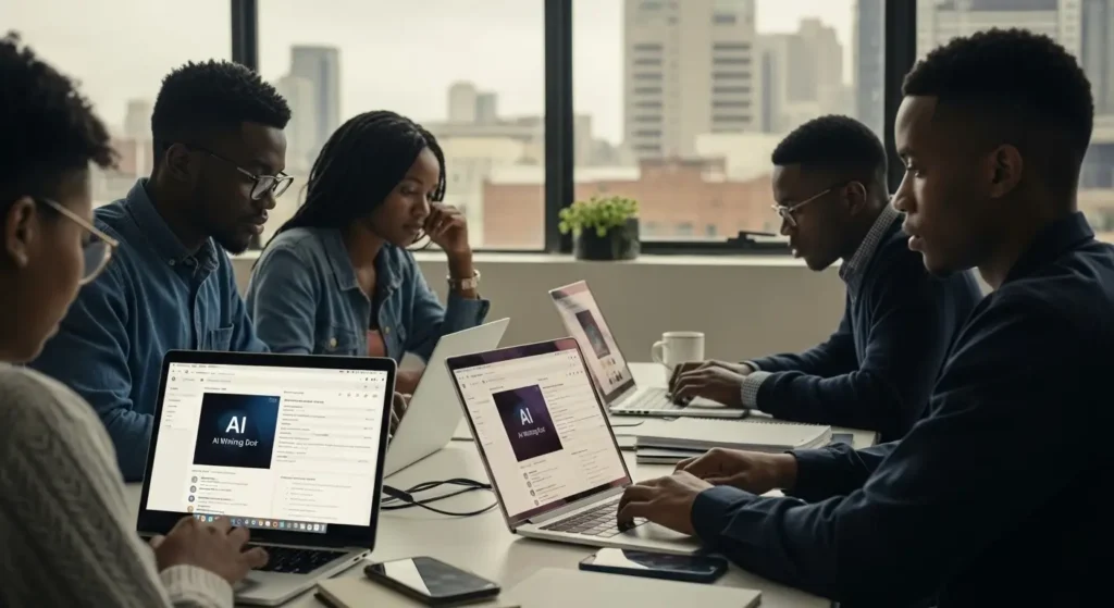South African students and creators using AI writing tools on laptops in modern workspace