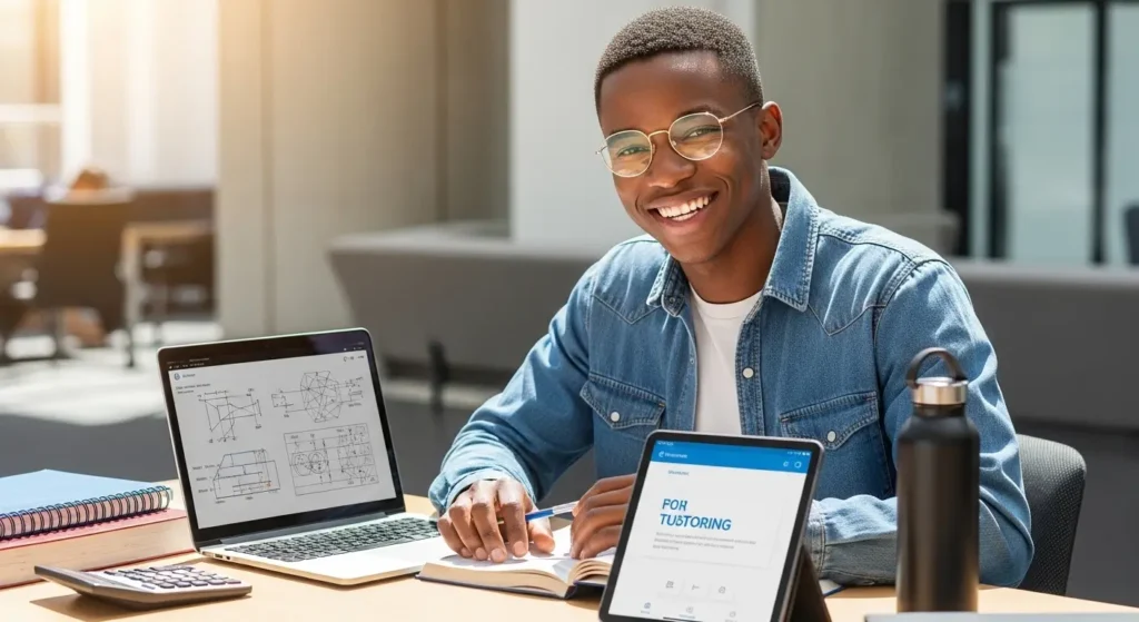 Thabo, a Wits engineering student, using productivity tools on his laptop and tablet to ace his finals in South Africa
