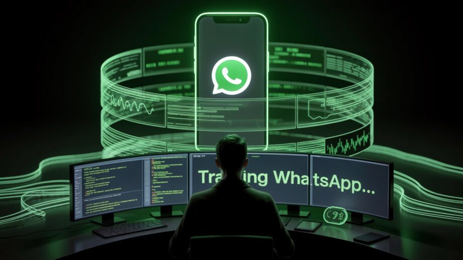 Fake WhatsApp tracking website hacker style thumbnail with glowing green cyber interface